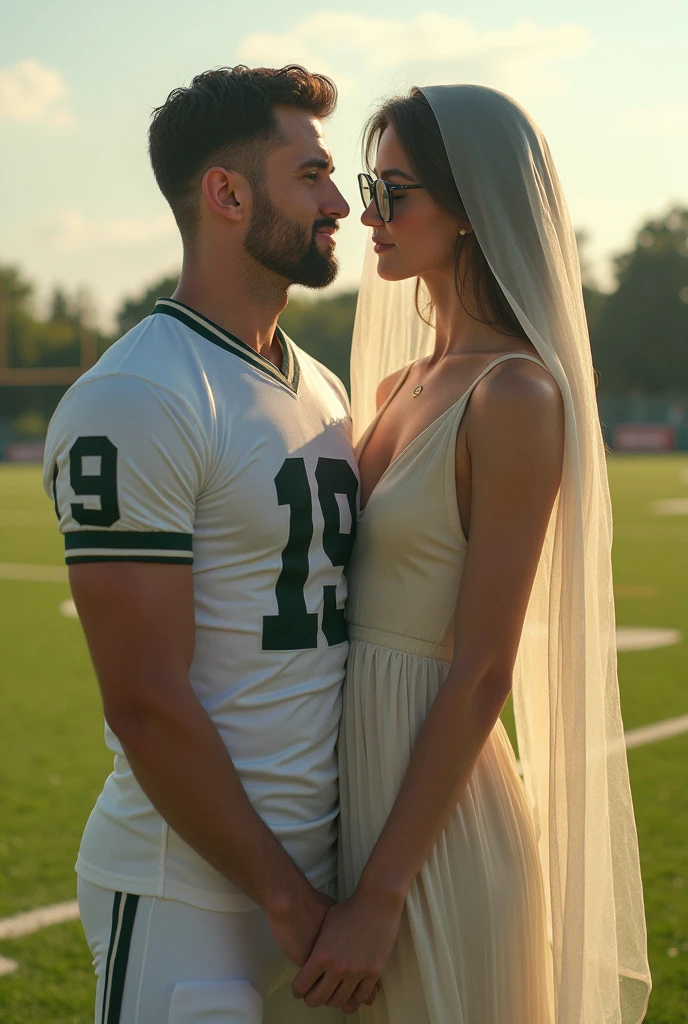 Drawing a picture of a beautiful, cute woman wearing a veil, wearing glasses, standing next to a handsome football player wearing glasses, number 19, in a football field scene.