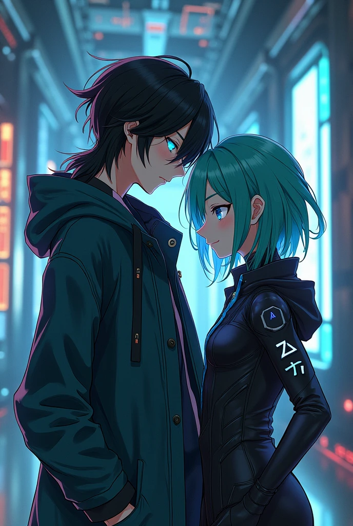 A anime boy of age 20 with a little long black hair and a little glowing blue eyes wearing hoodie like coat and his AI assistant girl with green-blue hair and wearing a cyberpunk suit in refined cyberpunk anime art style.