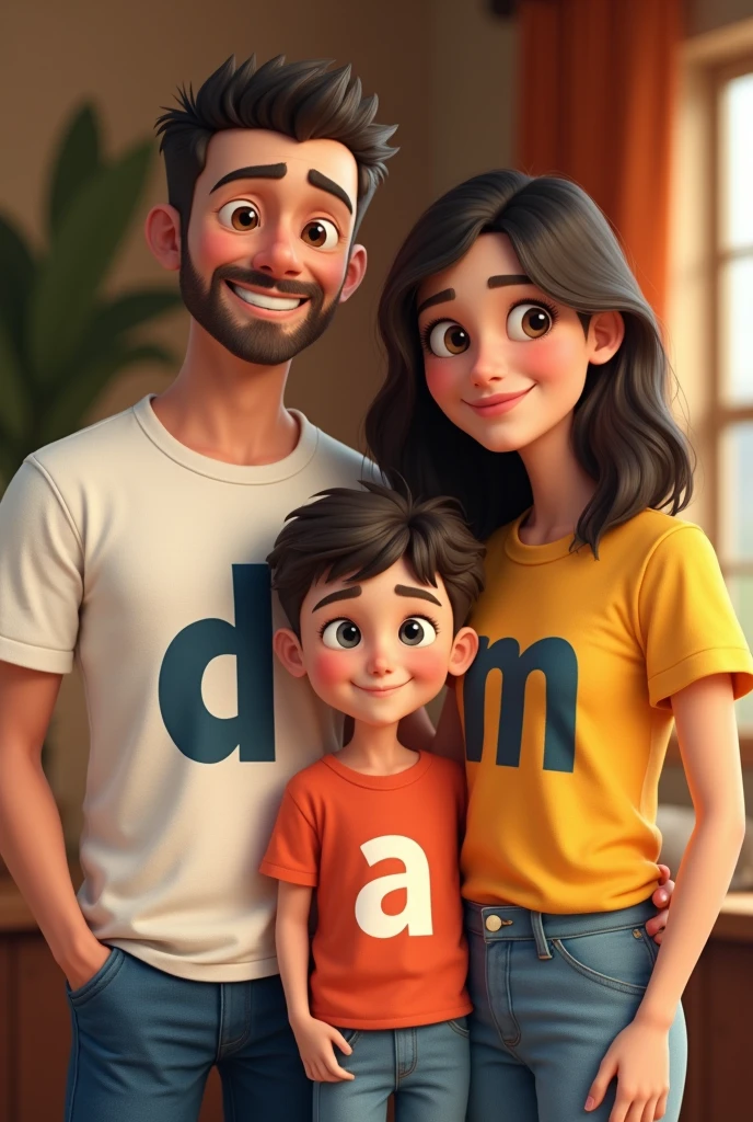 A family with letter shirts and a child Dad T, Mom D, child A