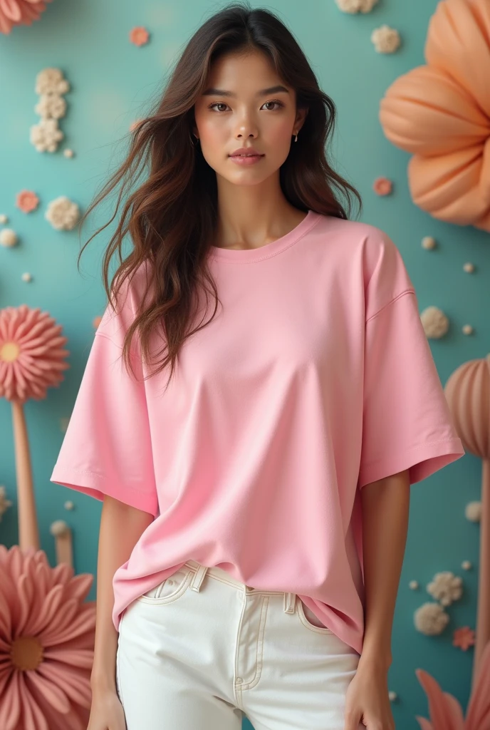 Realistic 4k girl wear the pink oversized tshirt and white trouser also with a crazy back ground