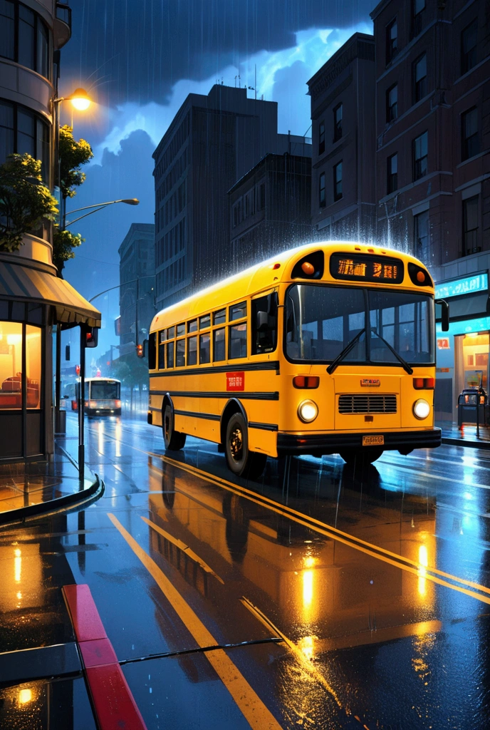 A bus, Night city, flashlight, rain, Road, Passing Cars, peaceful, decorative lights, ultra high resolution