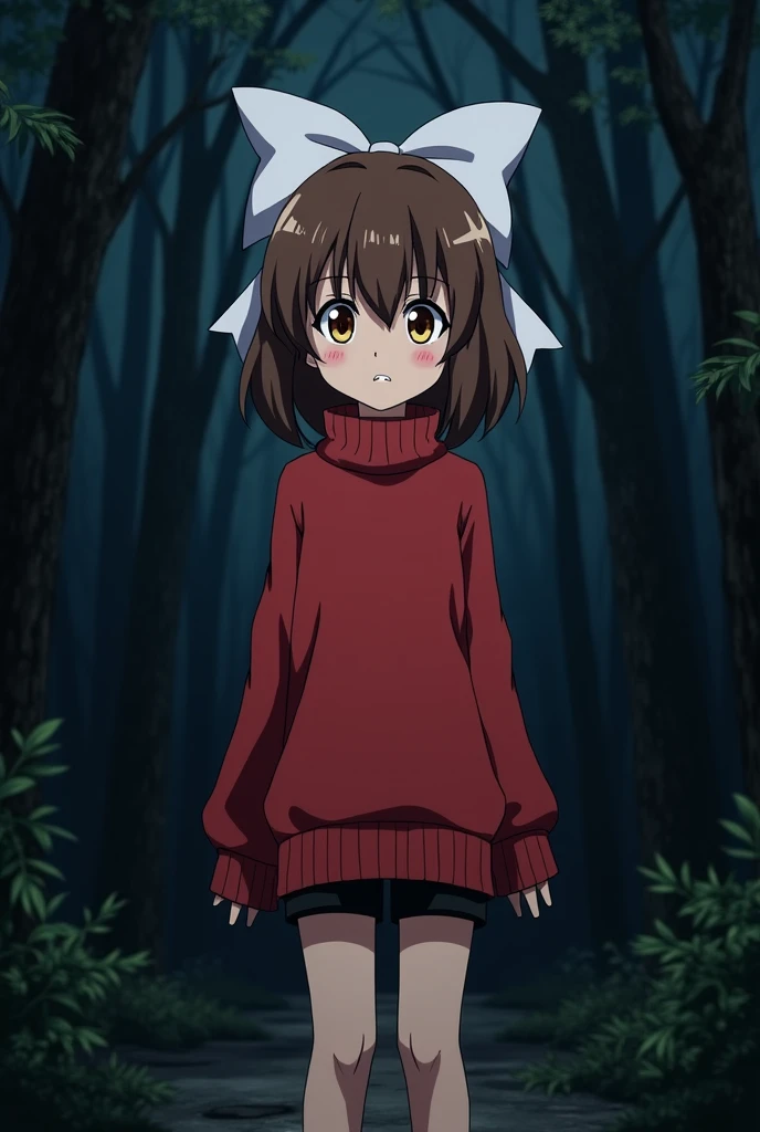 5yo Sarada nude, visible flat chest, pussy, standing in a forest, looking at viewer, evil smile