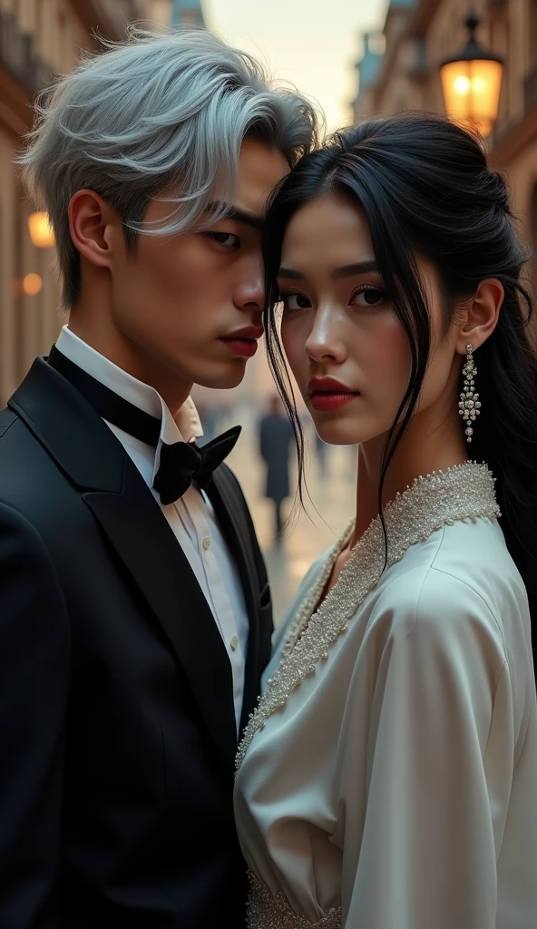 Masterpiece, Superb Fashion, (Fashion Costume), (Illustration), (2 People), Handsome Young Couple, (Russian Mill Style), Fashion, Silver Hair, (Long Hair), (Messy Hair), (White Skin), (Dark Circles), Handsome, Dance Steps, Trend, Dark Gray,, Close Up, (Grand Background), (Chiaroscuro)), Fine Face Details, Facial Details, Cinematic Lighting, (Depth of Field), UHD, (Upper Body), Black Background.