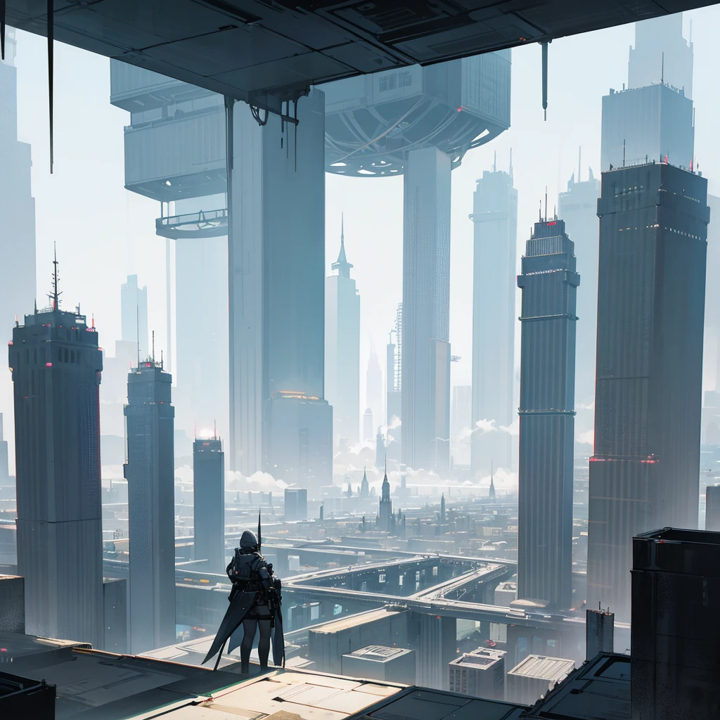 Panoramic view of a large landscape of a mega metropolis city with a futuristic retro future style with large buildings and large skyscrapers of sizes of 900 meters high that the buildings have all kinds of shapes and geometric shapes that the buildings are made of dark black metal and that the city is super technologically advanced that the city has streets and some small buildings ,that it has a dystopian style and that there is fog and that the architecture of the city is impressive and that it has a dystopian style and that the city is big