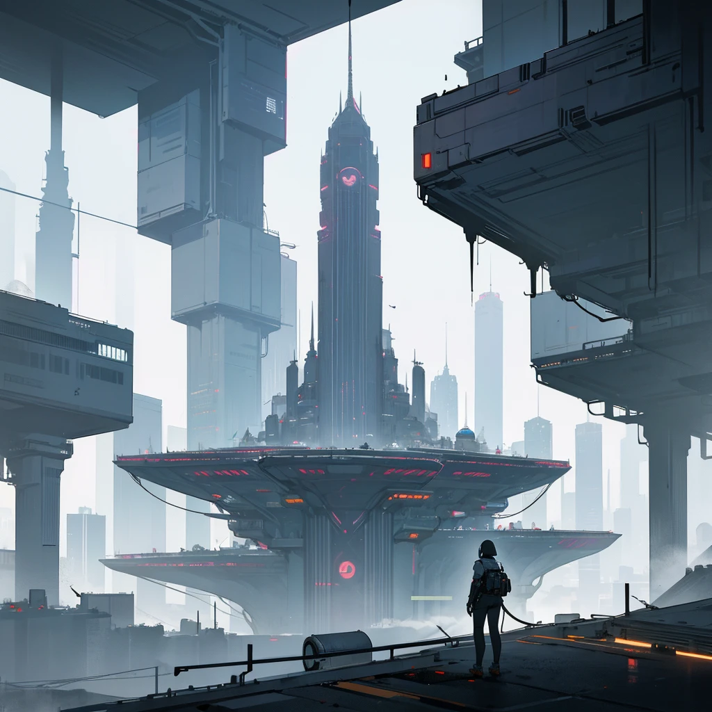 Panoramic view of a large landscape of a mega metropolis city with a futuristic retro future style with large buildings and large skyscrapers of sizes of 900 meters high that the buildings have all kinds of shapes and geometric shapes that the buildings are made of dark black metal and that the city is super technologically advanced that the city has streets and some small buildings ,that it has a dystopian style and that there is fog and that the architecture of the city is impressive and that it has a dystopian style and that the city is big