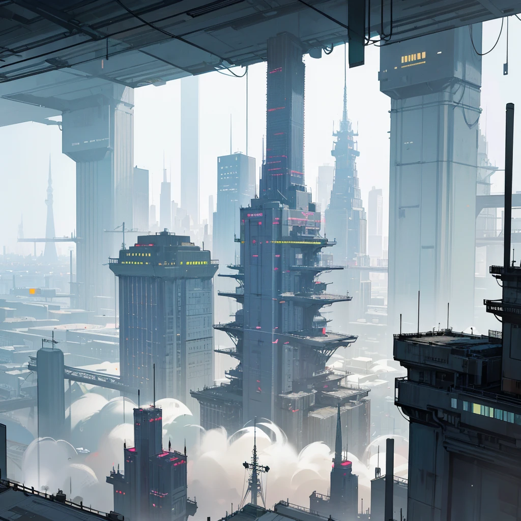 Panoramic view of a large landscape of a mega metropolis city with a futuristic retro future style with large buildings and large skyscrapers of sizes of 900 meters high that the buildings have all kinds of shapes and geometric shapes that the buildings are made of dark black metal and that the city is super technologically advanced that the city has streets and some small buildings ,that it has a dystopian style and that there is fog and that the architecture of the city is impressive and that it has a dystopian style and that the city is big
