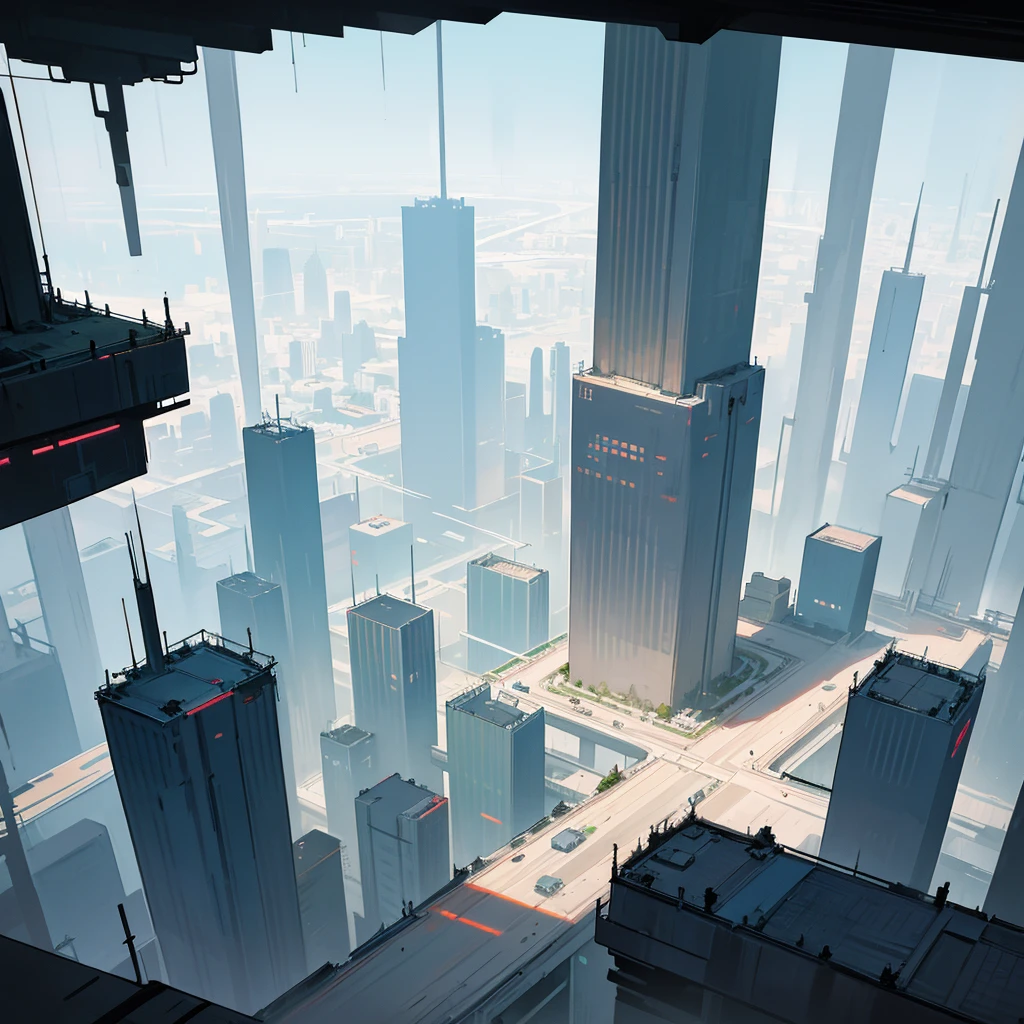 Panoramic view of a large landscape of a mega metropolis city with a futuristic retro future style with large buildings and large skyscrapers of sizes of 900 meters high that the buildings have all kinds of shapes and geometric shapes that the buildings are made of dark black metal and that the city is super technologically advanced that the city has streets and some small buildings ,that it has a dystopian style and that there is fog and that the architecture of the city is impressive and that it has a dystopian style and that the city is big