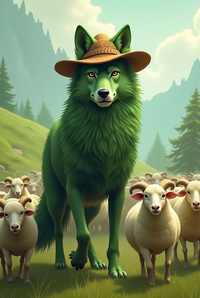 A green head wolf with hat is leading some sheeps