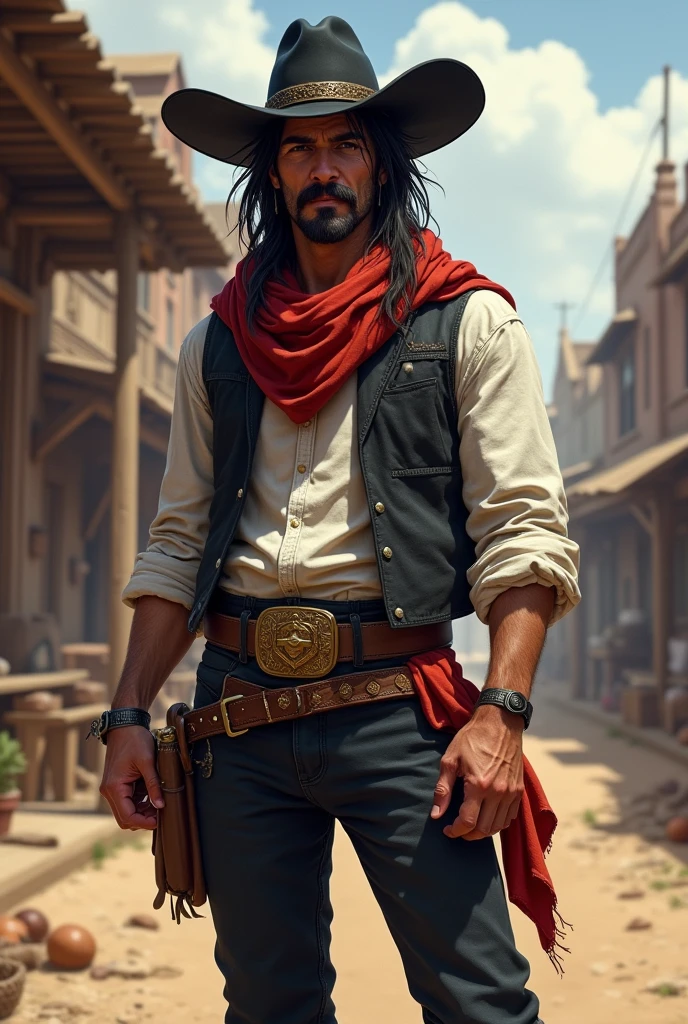 Create a full-body artwork of a well-groomed adult Mexican street vendor with long, messy dark hair and a well-groomed mustache and goatee. He wears a dark vest and a plain white shirt. He wears a black hat. He wears black pants with a buckle. A red scarf is wrapped around his neck and boots with spurs. One hand is in his pocket. The character should be styled in a fantasy RPG art style, set in the Wild West. He is a mature man and finished art.
