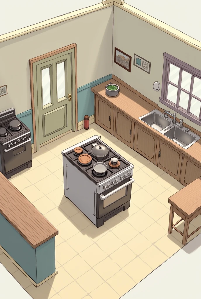 Can you ganarate me 2D kitchen with stove in the middle with pans, on right of the stove a sink, on left of the stove an oven, next to an oven a table, next to a sink another stove and on it a pot? Interier something basic 