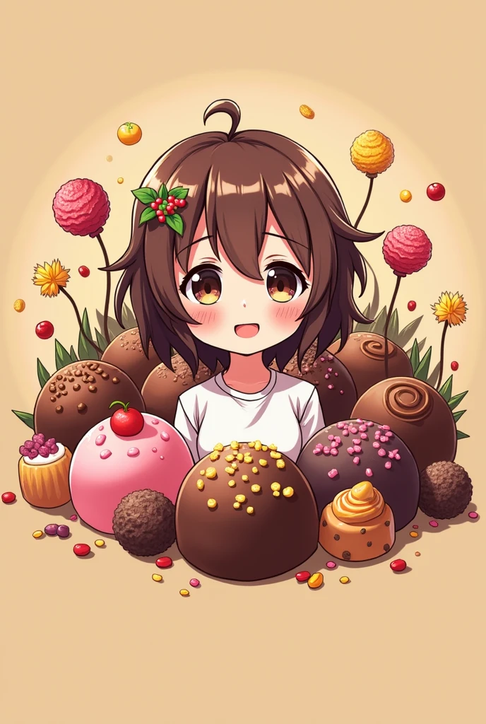 logo,Kizi, anime food, brigadiers ao fundo, candies, Truffles, brigadiers, chocolates, candies finos, brownhair