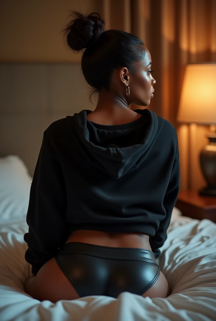 a beautiful black woman with her hair in a bun, wearing a black hoodie and black leather shorts, laying on her belly on a bed, viewed from the backside, (best quality,4k,8k,highres,masterpiece:1.2),ultra-detailed,(realistic,photorealistic,photo-realistic:1.37),detailed face, detailed eyes, detailed lips, detailed skin, detailed hair, highly detailed, intricate details, hyper realistic, natural lighting, cinematic lighting, moody lighting, dramatic lighting, warm colors, soft focus, bokeh background, sensual, alluring, intimate, erotic