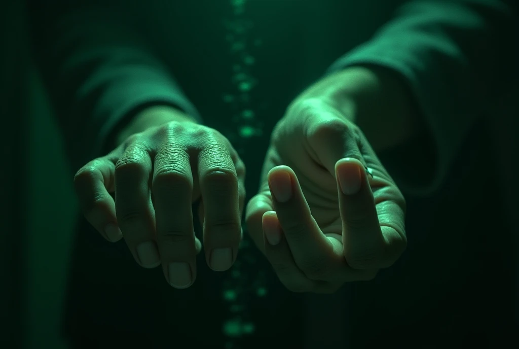 Hyperrealistic night vision image of human hands, extreme close-up. Grainy green monochrome texture. Fingertips in sharp focus, showing intricate skin patterns and nail details. Mysterious, surveillance-like atmosphere. High contrast between light and shadow areas. Subtle motion blur suggesting movement.