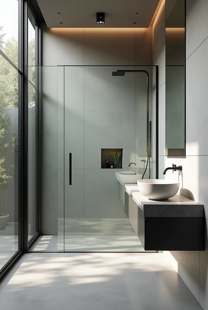 bathroom contemporany, ultra-realistic , 8k, ultra realistic render , 4K , photo realist , glass box up to the ceiling , metal therefore , matte gray floor , stone countertop