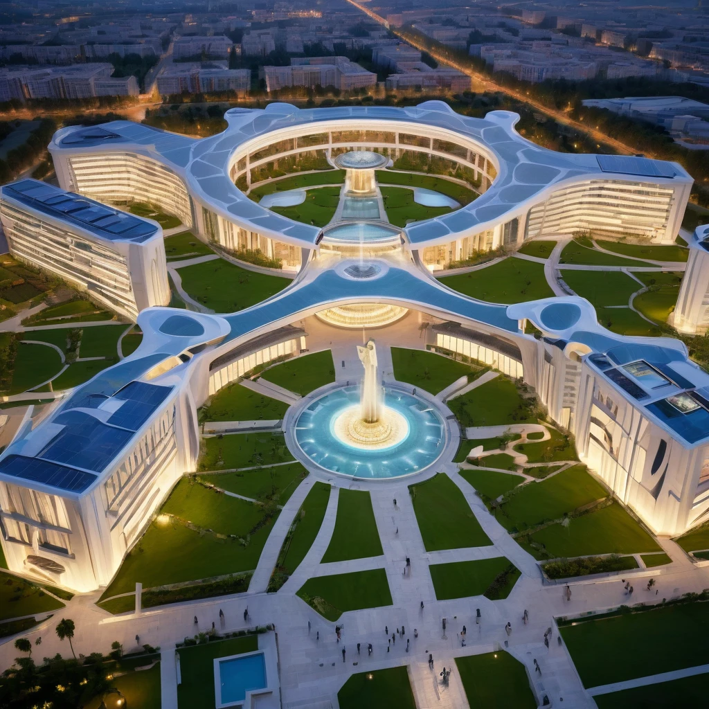 Complex of three gigantic and very tall structures surrounding a plaza with a fountain in the middle, futuristic design, eco style, aerial view, Soft lighting, Very detailed,HD,8k, This fulfills the function of being a highly demanded academic institute