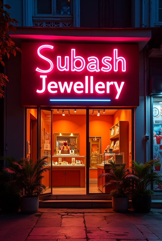 Subash Jewellery Rameswaram name board at neon city with orange background 