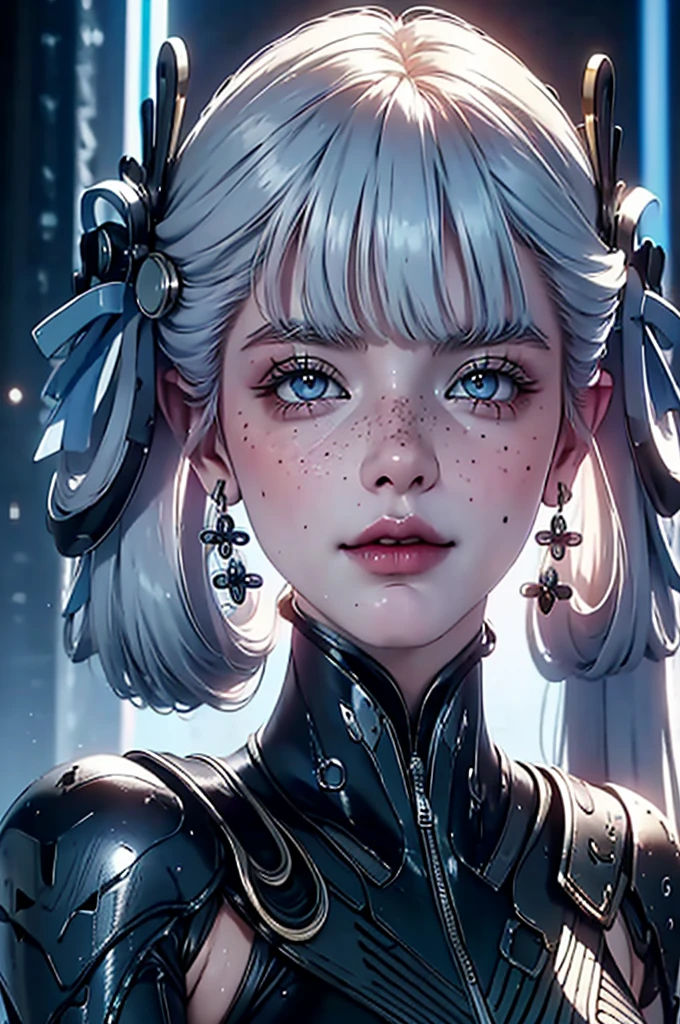 a close up of a female, pastel goth, big elf girl with freckles, light grey eyes, pointy ears, freckles, many freckles on face, white horns, unreal 5. rpg portrait, 8k portrait render, unreal engine 5, beautiful female elf, unreal engine character art, female character, female lead character, there is a woman in a black leather outfit posing for a picture, goth cybersuit, wearing techwear and armor, cybersuit, dark natasha, cyber suit, clothed in sci-fi military armor, cybersuits, diverse cybersuits, cyberpunk 2 0 y. o model girl, in a dark space mercenary outfit, cyberpunk gorgeous goddess