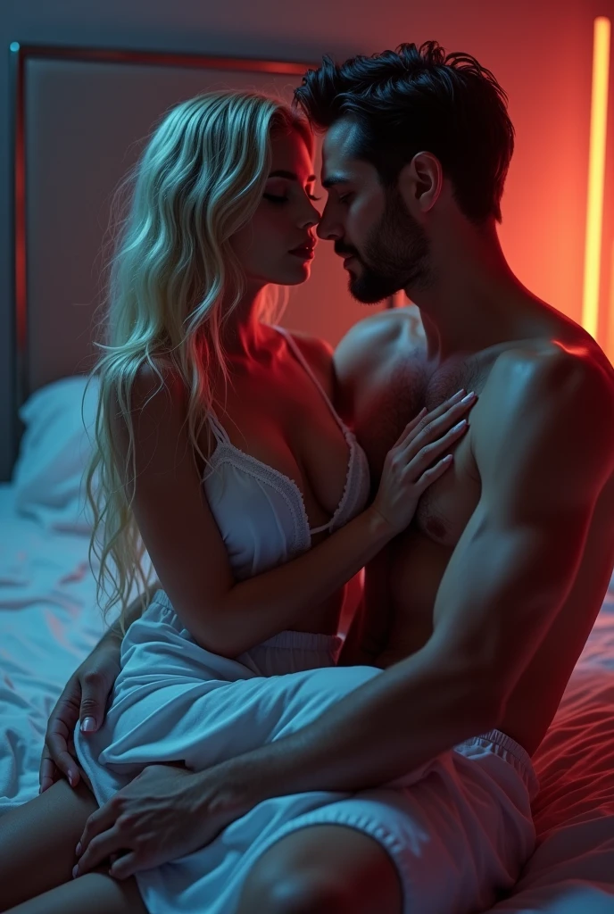 A beautiful blonde white girl with a wet white nightgown and sitting on a man's legs, grabbing his breasts on the bed., Close your eyes and cry, open your mouth too., full body shot, movie lighting, glow, neon,