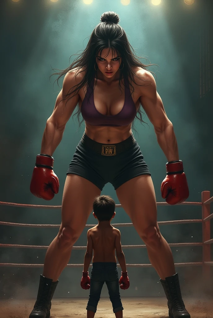 A female boxer with incredible height fights a man who can&#39;t even reach her legs. I said woman, not man. 