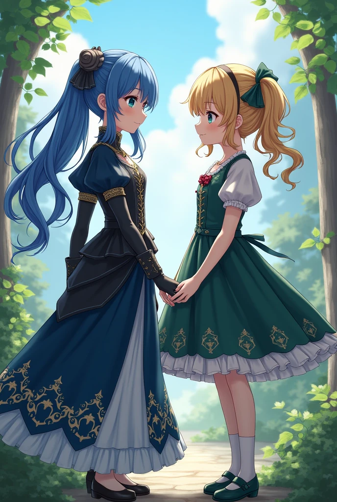 2 young girls, one with blueberry-colored hair with a bun with green eyes, long hair in front, gloves to the shoulder with a long dark blue and black dress.. The second one has two wavy pigtails and a short dark green and white dress, anime middle ages gemshing impact dresses, the two in front are the same size