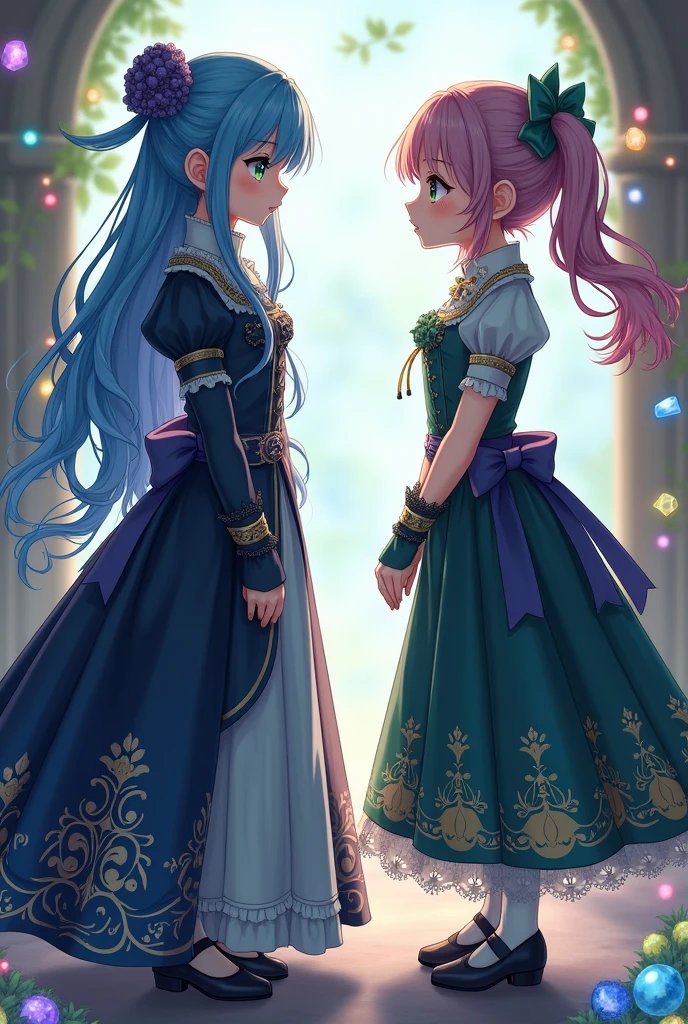2 young girls, one with blueberry-colored hair with a bun with green eyes, long hair in front, gloves to the shoulder with a long dark blue and black dress.. The second one has two wavy pigtails and a short dark green and white dress, anime middle ages gemshing impact dresses, the two in front are the same size