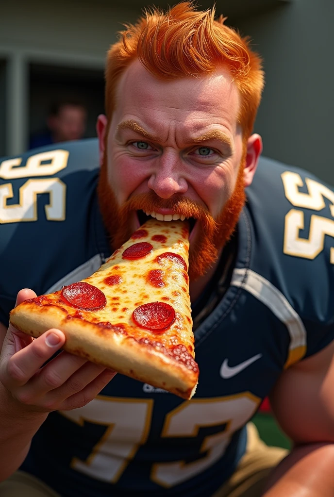 redhead man, sweating, eating pizza, wearing American football player clothes