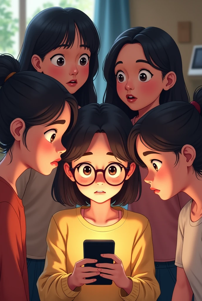 A girl with glasses and shoulder-length hair with her friends looking at her cell phone worriedly animated