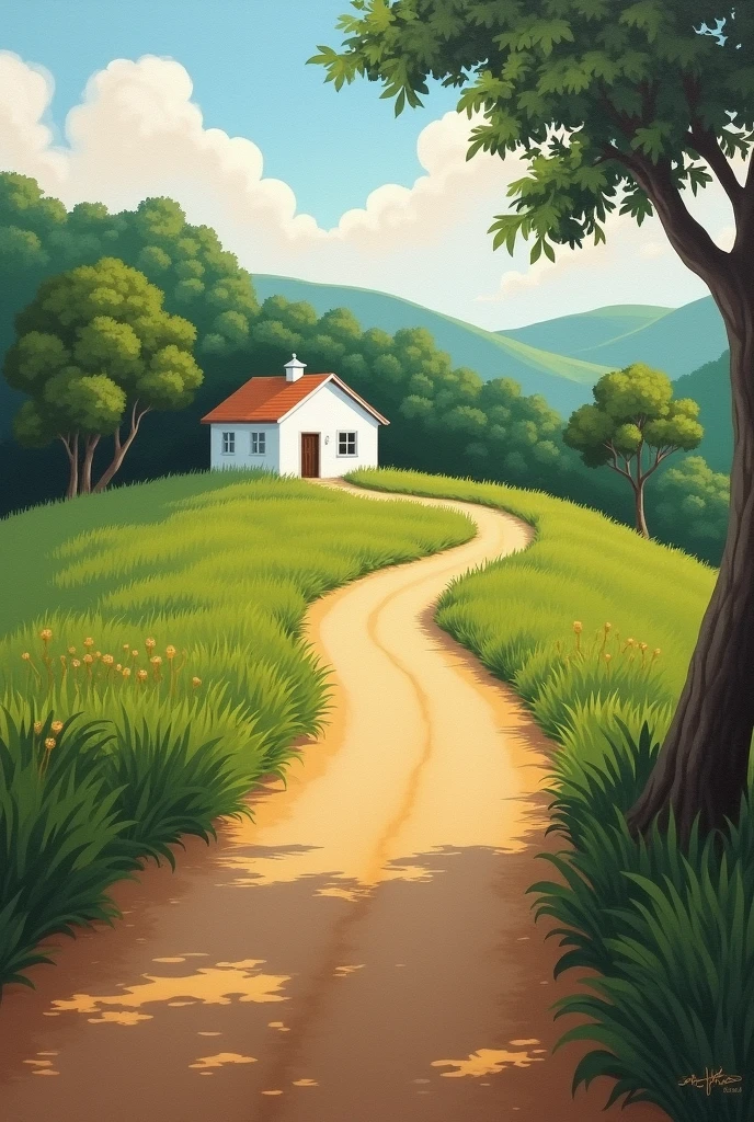 a dirt road "long" "no Brazil" and a simple little white house "ao longe" "oil painting"
