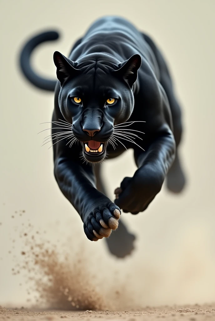 Panther in a pimple, the front paws hung in the air, the rear ones pushed off the ground,a focused and aimed gaze,beautiful flight,a high resolution, 3D