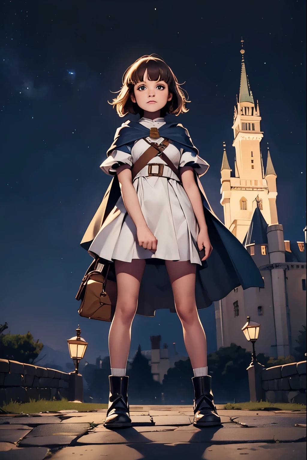 night sky, castle, 1girl, standing, solo, full body, , maribe, puffy short sleeves, cape, bag