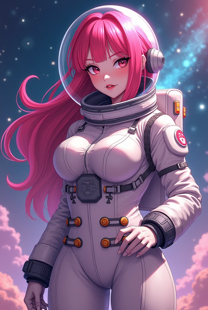 Anime pink haired girl with pink skin and big breasts wearing an astronaut suit with wide hips