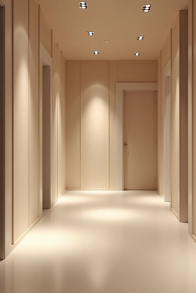 "Create a high-definition, realistic image of a high-fashion atelier with the following characteristics:

Light beige walls.
Neutral-toned vinyl flooring.
The space should be empty, with no windows, doors, mannequins, or mirrors.
The ambiance should convey luxury and sophistication, with soft, ambient lighting that highlights the clean and elegant atmosphere."