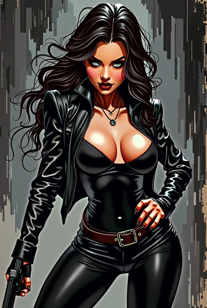 sexy girl, sexy clothes, black clothes, Profile, sexy look, comic illustration style, Retro style, comic, manga, marvel style, Dark, Violent, Armada, aggressive, dark, evil, malevolent, beautiful, white, night, Violento, sonrisa evil, aggressive, comic illustration, posando Profile, with a gun in his hand, action pose, active, in action, moving, attacking, walking, at the point of attack, in action, moving, Marker drawing style