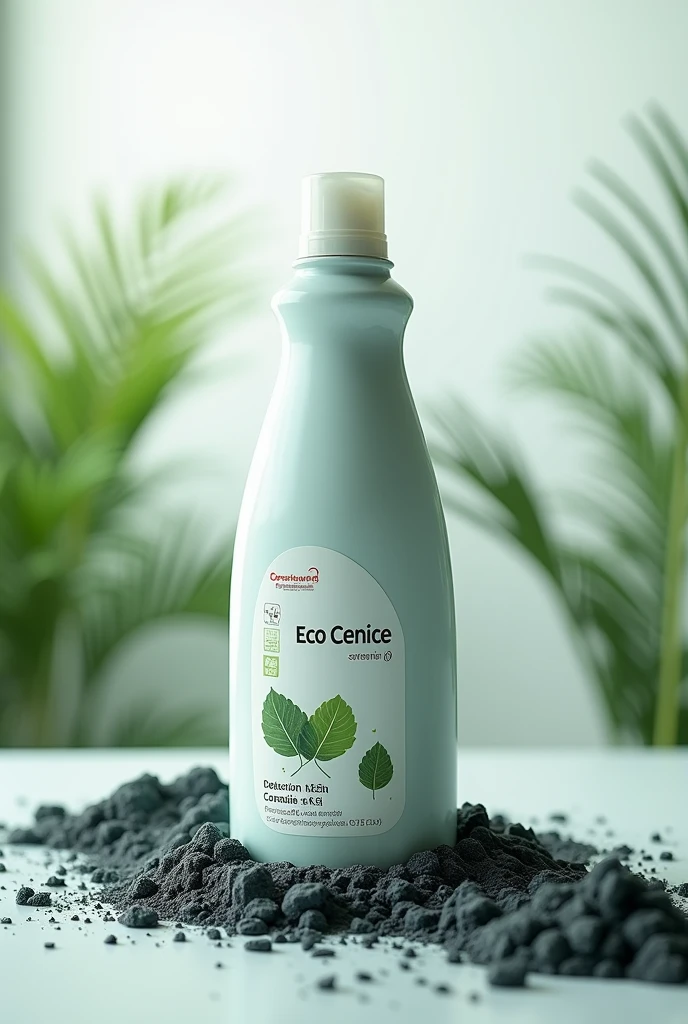 create an image where there is a detergent made from combustion ash, and where is the name ECO CENICE, In the image it must contain ash and the detergent will be liquid
 