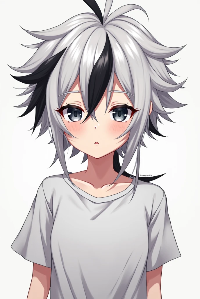 Make a anime characters haire is white and black color t shirt 
Man