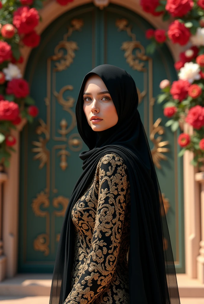 a woman with black long hijab and dress in front of a gate decorated with flowers wearing an ornate and elegant, extravagant dress, ornate attire, intricate outfit, ornate gown, intricate and elegant, intricate detailed dress, masterpiece, best quality:1.2),,(8k,highres,RAW photo,realistic,photo-realistic:1.3),(detailed skin texture,detailed cloth texture,beautiful detailed face:1.25),professional lighting,photon mapping,beautiful soft light,radiosity,physically-based rendering,raytracing, model shoot style, model shoot style, 8k wallpaper, full shot body photo of the most beautiful artwork in the world, art digital paintimg. 
