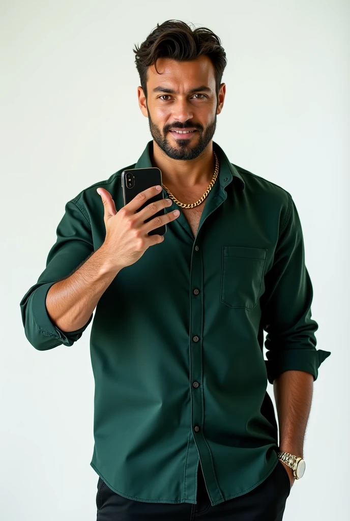 rich handsome man, wearing dark green collared shirt with front pocket, gold chains in neck, holding iphone in one hand and looking into iphone screen, and making victory sign with other hand showing to the viewer, in white background and please show full face not croped