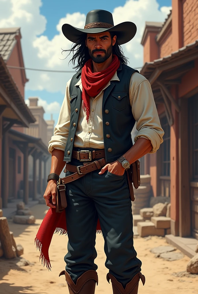 Create a full-body artwork of a well-groomed adult Mexican street vendor with long, messy dark hair and a well-groomed mustache and goatee. He wears a dark vest and a plain white shirt. He wears a black hat. He wears black pants with a buckle. A red scarf is wrapped around his neck and boots with spurs. One hand is in his pocket. The character should be styled in a fantasy RPG art style, set in the Wild West. He is a man and finished art.