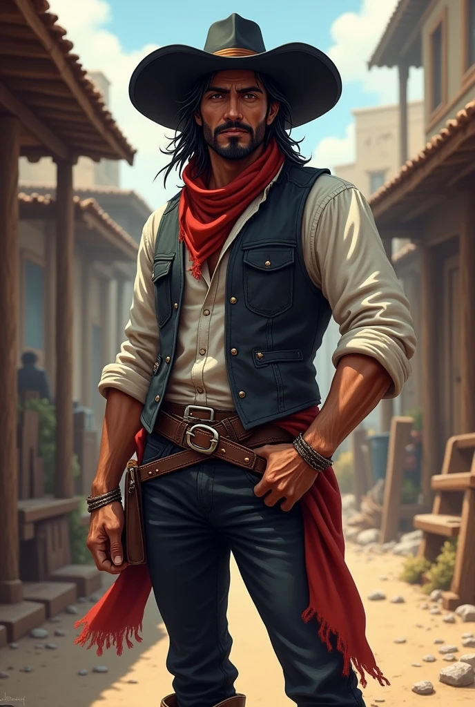 Create a full-body artwork of a well-groomed adult Mexican street vendor with long, messy dark hair and a well-groomed mustache and goatee. He wears a dark vest and a plain white shirt. He wears a black hat. He wears black pants with a buckle. A red scarf is wrapped around his neck and boots with spurs. One hand is in his pocket. The character should be styled in a fantasy RPG art style, set in the Wild West. He is a mature man and finished art.