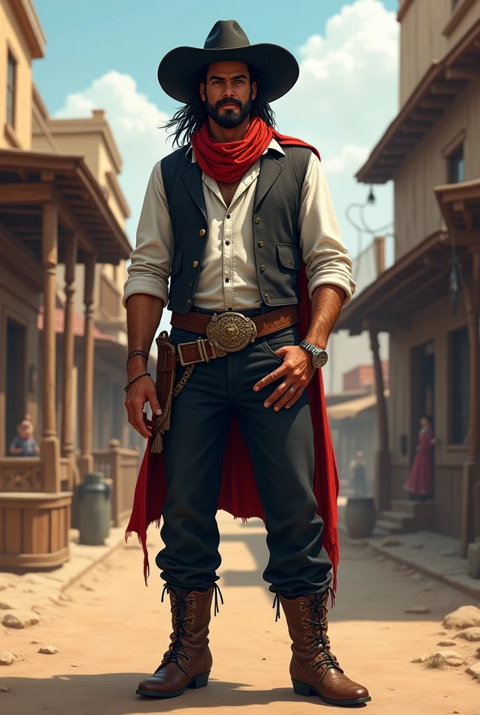 Create a full-body artwork of a well-groomed adult Mexican street vendor with long, messy dark hair and a well-groomed mustache and goatee. He wears a dark vest and a plain white shirt. He wears a black hat. He wears black pants with a buckle. A red scarf is wrapped around his neck and boots with spurs. One hand is in his pocket. The character should be styled in a fantasy RPG art style, set in the Wild West. He is a mature man and finished art.