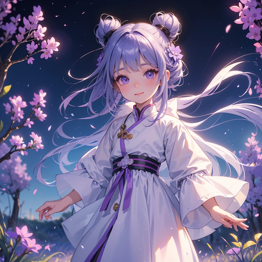 A chibi child girl had a small face and Wearing white little Taoist priest's outfit. A pair of big round eyes shone with curiosity about him. This child was so cute, Stroll among the purple lavender fields , There are some floating clouds.
her hair is black with two buns on her hair.small chibi, chibi baby, smiling ,Chibi.