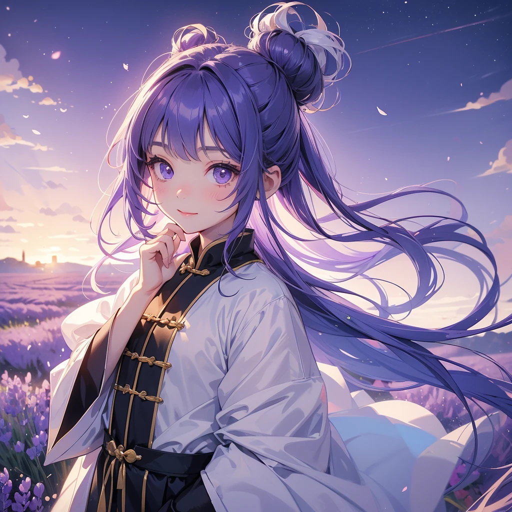 A chibi  girl had a small face and Wearing white little Taoist priest's outfit. A pair of big round eyes shone with curiosity about him. This childso cute, Stroll among the purple lavender fields , There are some floating clouds.

her hair is black with two buns on her hair.small chibi, chibi baby, smil,Chibi.

