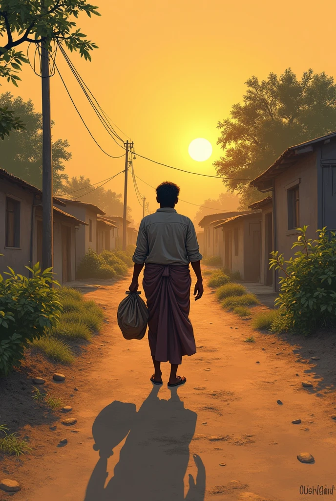 A Indian labour returning village with a bag in sunset time shadow image sketch  back side view 
