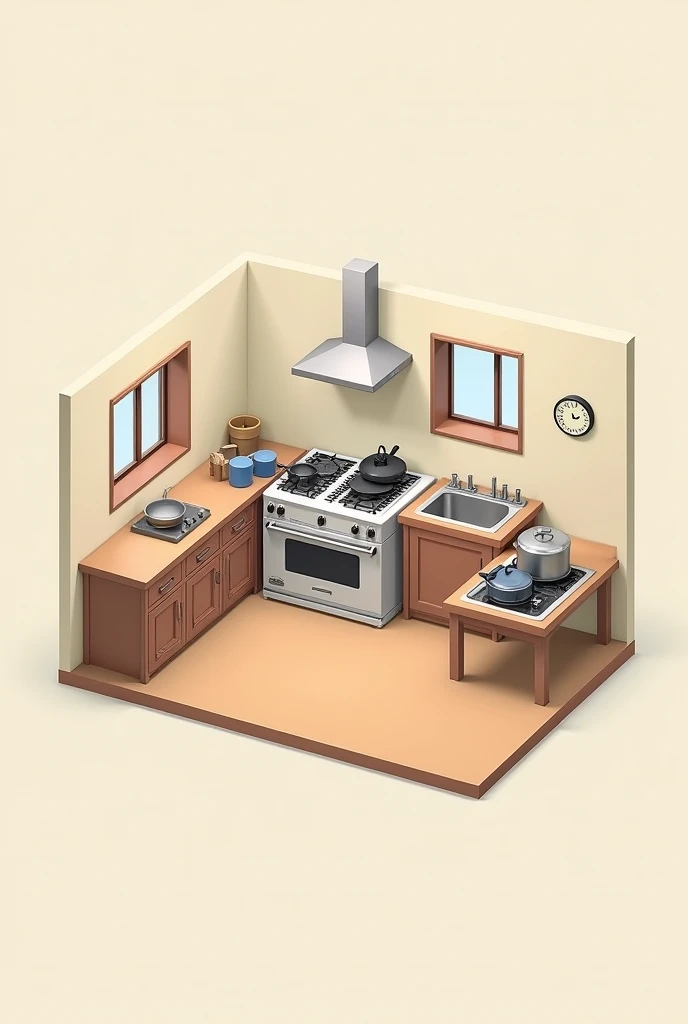 Can you ganarate me 2D picture from front wiew kitchen with stove in the middle with pans, on right of the stove a sink, on left of the stove an oven, next to an oven a table, next to a sink another stove and on it a pot? Interier something basic