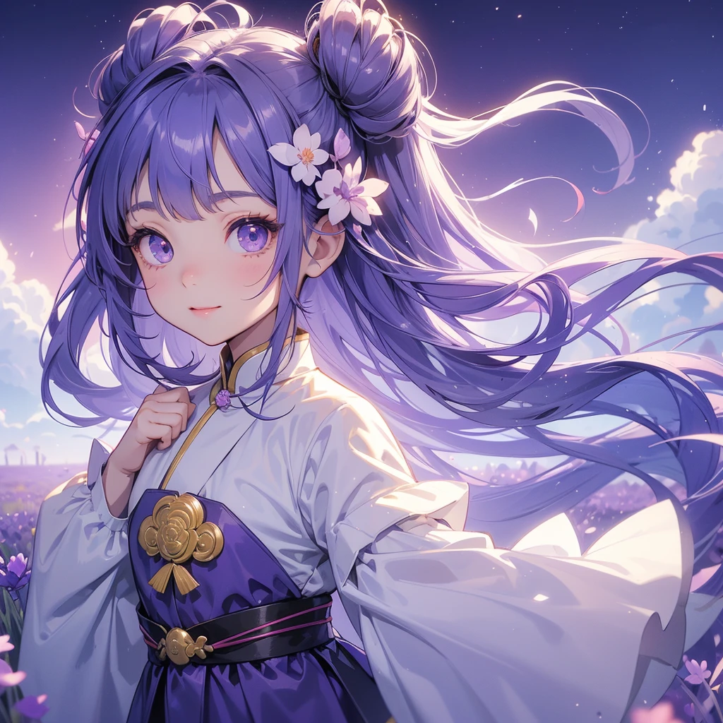 A chibi child girl had a small face and Wearing white little Taoist priest's outfit. A pair of big round eyes shone with curiosity about him. This child was so cute, Stroll among the purple lavender fields , There are some floating clouds.
her hair is black with two buns on her hair.small chibi, chibi baby, smiling ,Chibi.