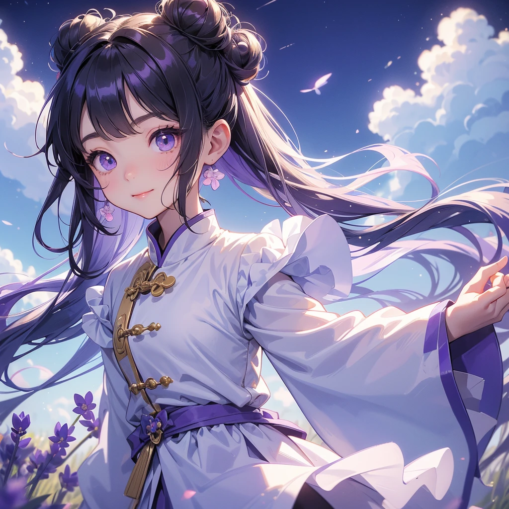 A chibi child girl had a small face and Wearing white little Taoist priest's outfit. A pair of big round eyes shone with curiosity about him. This child was so cute, Stroll among the purple lavender fields , There are some floating clouds.
her hair is black with two buns on her hair.small chibi, chibi baby, smiling ,Chibi.