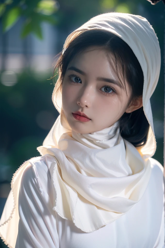 ((closeup: 1.5)), (cuteness Kushi Kapoor), (hijab:1.2), (realistic photos of Hijab Korean female, slightly smile,expressive eyes,eye makeup,sky garden background, neon night sky, nightfall,standing posture,confident attitude,Eye-Level Shot, slightly blurry background,UHD,masterpiece:1.2,highres,16k), pinafore dressed