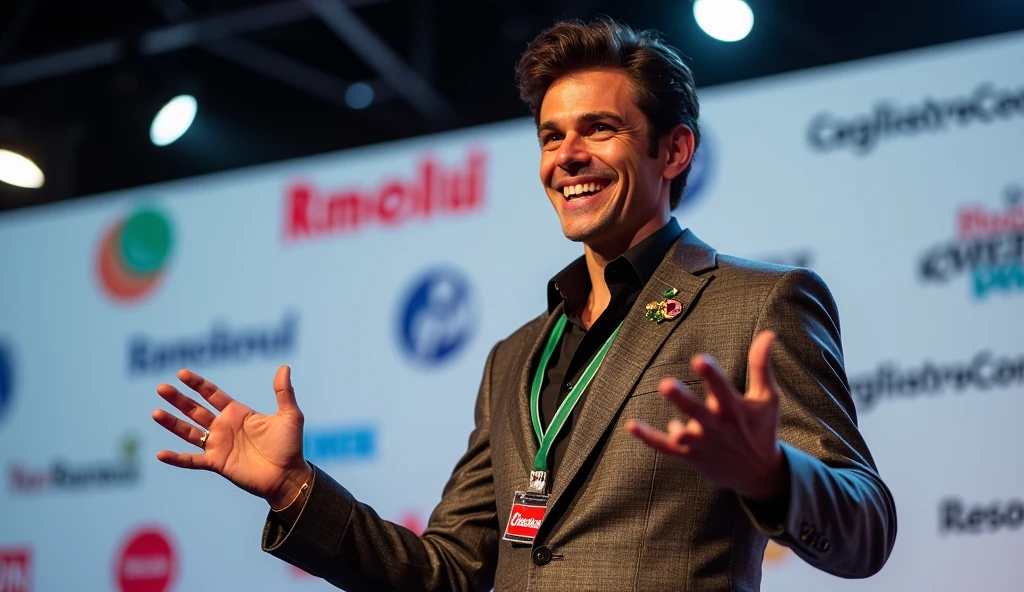 the speaker ANDERSON is captured in the middle of the speech. He has dark brown hair framing his radiant, smiling face. Her Latin features are highlighted by warm, tanned skin and bright, expressive eyes. He gestures with his left hand, showing off a delicate ring on his little finger, as he speaks passionately.

the man is wearing a patterned suit with a green drawstring with various emblems and logos hanging around his neck. The lanyard prominently displays the text "CagliostroLab".

Behind it is a blurred background with a white stripe containing logos and text, indicating a professional or conference environment. The overall scene captures the energy and vibrancy of his performance.