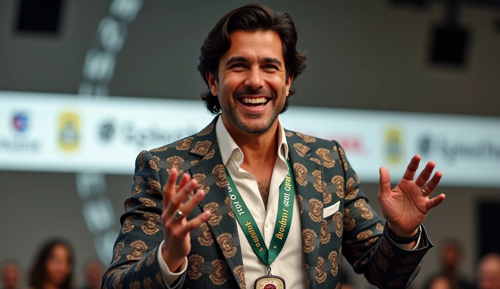 the speaker ANDERSON is captured in the middle of the speech. He has dark brown hair framing his radiant, smiling face. Her Latin features are highlighted by warm, tanned skin and bright, expressive eyes. He gestures with his left hand, showing off a delicate ring on his little finger, as he speaks passionately.
the man is wearing a patterned suit with a green drawstring with various emblems and logos hanging around his neck. The lanyard prominently displays the text "CagliostroLab".
Behind it is a blurred background with a white stripe containing logos and text, indicating a professional or conference environment. The overall scene captures the energy and vibrancy of his performance.