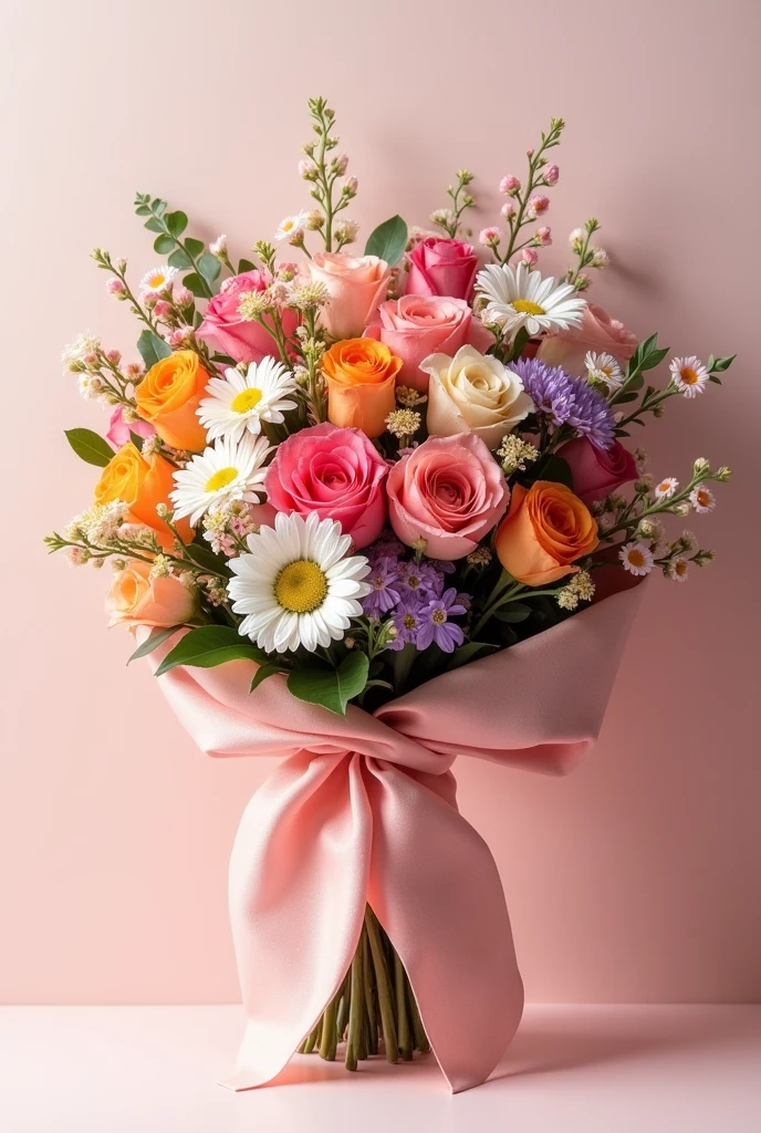 A bouquet of flowers wrapped in a tie